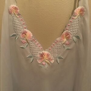 Baby blue satin night slip with floral embroidered detailing